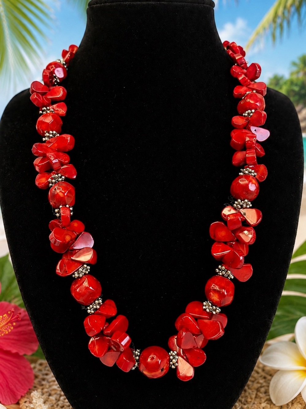 Red Coral Teardrop & Round Cluster Chunky Statement Vintage Necklace 26β 249g